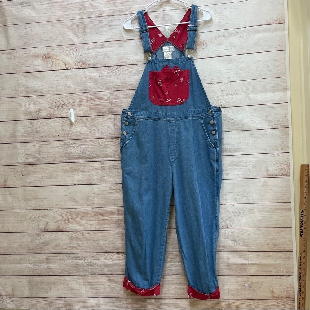 VINTAGE MANDAL BAY DENIM OVERALLS WITH RED BANDANA PRINT‎ TRIM